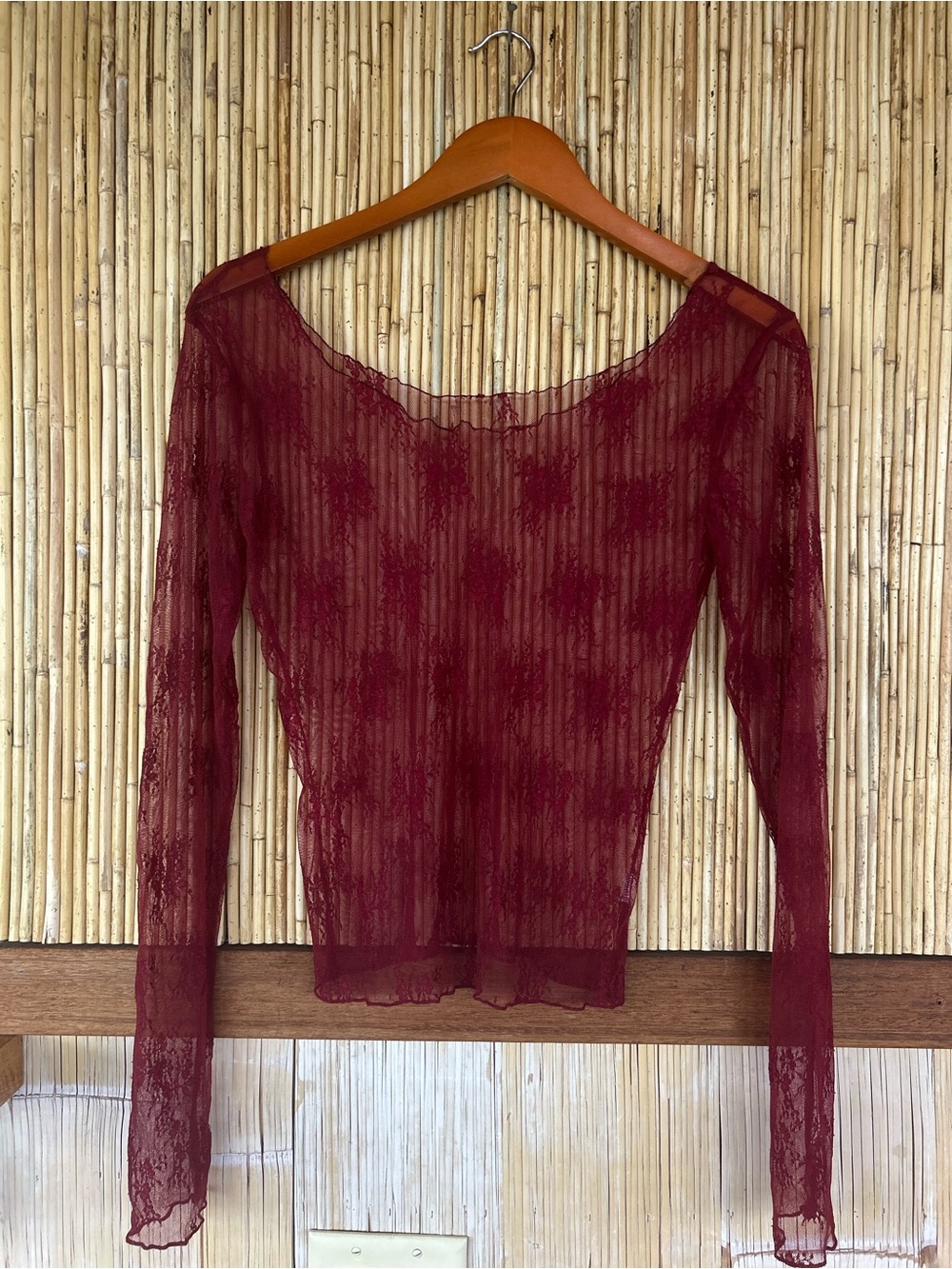 Burgundy Sheer Lace Long Sleeve Top Maroon Mesh Blouse Whimsigoth Y2K Fall Layer